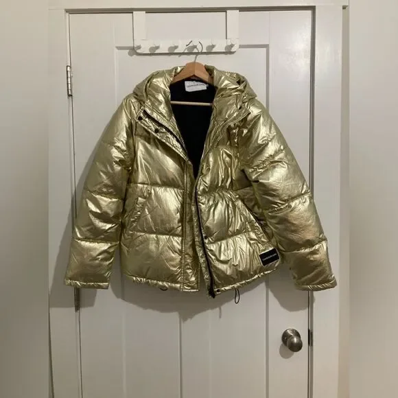 Calvin Klein Gold Hooded Puffer Coat size Small - Picture 2 of 16